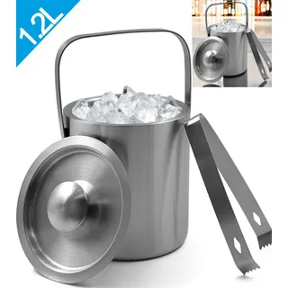 gmgxx Eiswürfelbehälter Edelstahl, mit Doppelwand-Design, Eisbehälter für Eiswürfel Eiskübel mit Deckel & Zange, Tragbar Eiskühler - Silber