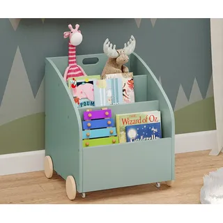 bellabino Bücherregal für Kinder Towy mit Rollen, Kinderregal mit 3 Fächern für Bücher, Spielzeug Aufbewahrung mit Geheimfach, mintgrün/Natur