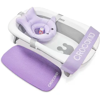 CROCOKID® Große Faltbare Babybadewanne - Premiumqualität - Kinder 0 bis 4 Jahren - Badeset: Thermometer/Badekissen/Kniematte - Rutschfeste Füße, Sicherheitsverriegelung - Maße 51x85cm (Badewanne+Set)