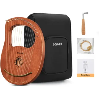 Donner Lyre Harfe Mahagoni 16 Metallsaiten Kupfersattel Antiker Griechenland-Stil mit Stimmschlüssel und schwarzer Gigbag, DLH-003