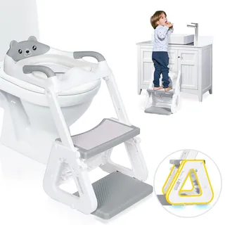 Orzbow Einstellbar Toilettensitz Kinder mit Treppe,Stabil Kinder Toilettensitz mit Dreiecksstruktur,Verlängerter Pedal- und Spritzschutz und Wasserdichtes PVC-Polster,Rutschfest und Faltbar,Grau