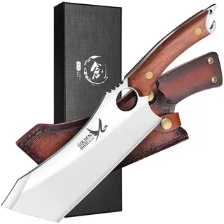 Golden Bird Hackmesser Japanisch Full Tang Kochmesser Profi Messer Geschmiedet im Feuer scharfe Küchenbeil mit Scheide Geschenkbox Flaschenöffner Küchenmesser für Outdoor Camping- Geschenke für Männer