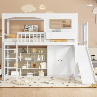 Merax Etagenbett Kinderbett Hochbett mit Rutsche,Stauraum,Kleiderschrank und Fallschutzgitter,Hochbett mit Regal und 4-stufiger Leiter, 90x200 cm, Kiefer + MDF + Sperrholz, Weiß - ohne Matratze