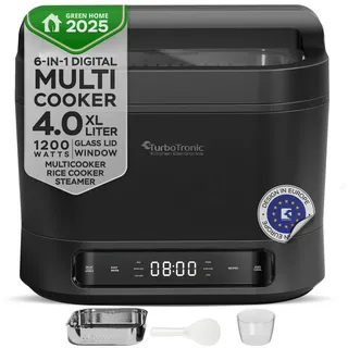 Asanzo TurboTronic Elektrischer Multikocher 4L Schwarz Dampfkocher, Reiskocher, Slow-Cooker, Küchenmaschine, 1200W, Timer,