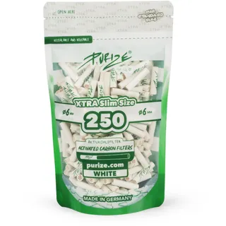 PURIZE® Aktivkohlefilter 6mm 250Stück Xtra Slim Size Aktivkohlefilter + 2 gratis aktivkohlefilter 6mm / hybrid filter/purize aktivkohlefilter slim/für den besten Rauchgenuss! (Weiß)