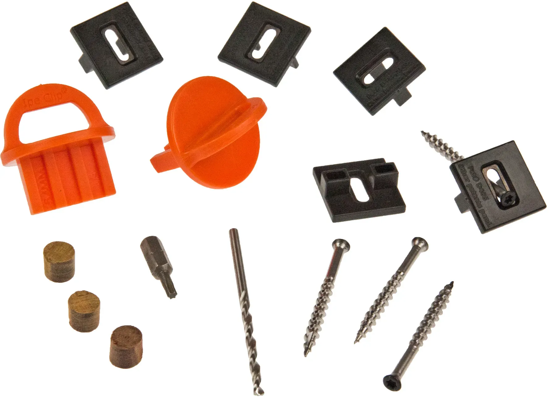 Terrassen T-Clip KD Set schwarz, für Holz-UK, Inklusive 185 Clips, 200 Schrauben schwarz, 1 Bohrer, 1 Bit, 12 Ipe Plugs