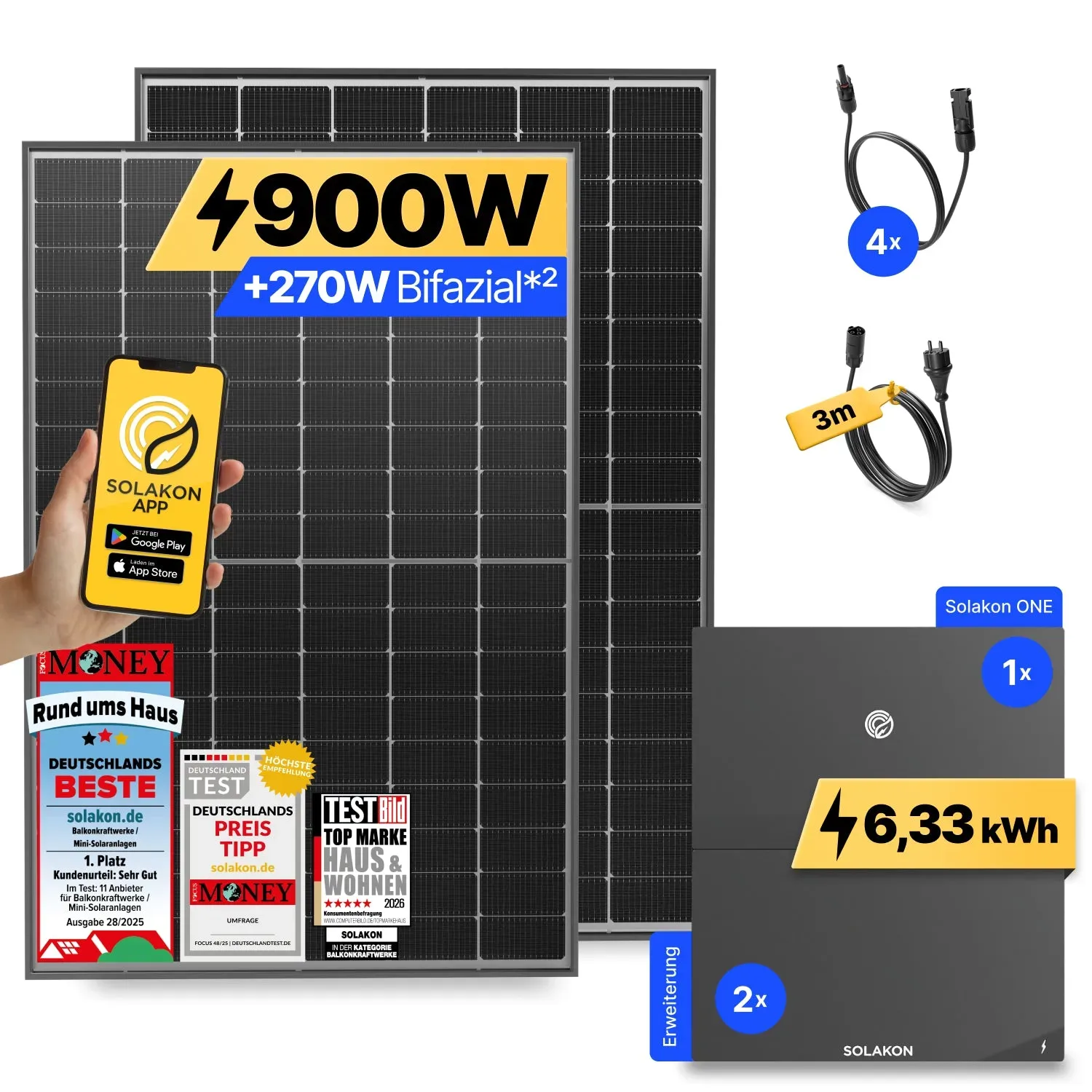 onLite: 900 Watt Balkonkraftwerk - ohne Halterung / 6.33 kWh / 3m