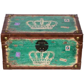 BIRENDY Truhe Kiste SJ14307 Krone Königin England Holztruhe mit Kunstleder bezogen im Vintage Look Schatzkiste Piratenkiste Metallbeschläge koloniale Holzbox mit Ornamenten Größe M 35x21x19cm Grün