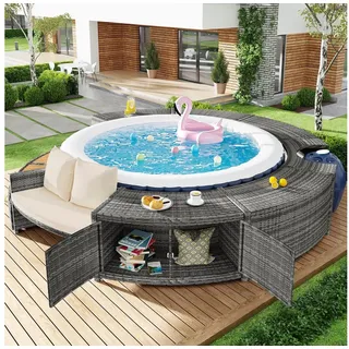 Ulife Gartenlounge-Set Whirlpool Gartenmöbel Poolumrandung Rund Umrandung Polyrattan, (1-tlg), mit Stauraum,mit verstellbaren Füßen, inklusive Kissen grau