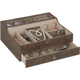 Relaxdays Schmuckkästchen, Lederoptik, Samt, Schmuckkasten für Damen & Herren, Hxbxt: 13 x 34 x 31 cm, Schmuckbox, Braun