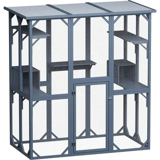 Wiltec Freilaufgehege Katzen 170x88x180cm Katzenfreigehege Holz mit Asphaltdach, Außengehege verschiedene Ebenen, Katzengehege für Garten, Balkon