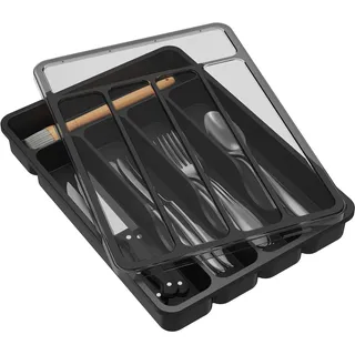 Lifewit Besteckkasten für Schubladen mit Deckel, 23,5 x 32,3 cm Küchenutensilien Besteckeinsatz, 5 Fächern Kunststoff Schmale Schubladen Organizer Küche Besteckkorb für Backen/Messer/Gabel, Schwarz