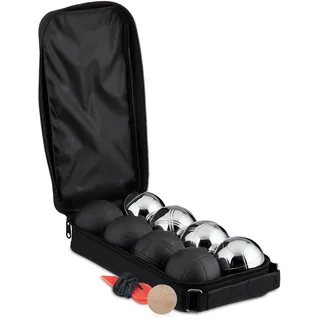 Relaxdays Boule Kugeln, 8 Metall-Kugeln, Set mit Zielkugel & Abstandsmesser, Tragetasche, Boccia Spiel, schwarz/Silber