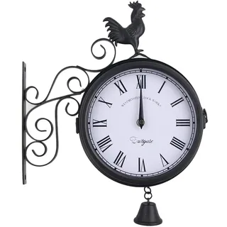 FIYSON Wanduhr Doppelseitig,Doppelseitige Bahnhofsuhr, wasserdichte Wanduhr 30 x 37 x 9 cm Bahnhofsuhr mit schmiedeeisernem Design Retrostil Gartenuhr für Bahnhof, Korridoren oder Gärten, schwarz