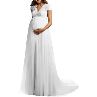 SongSurpriseMall Brautkleider Hochzeitskleider Schwanger Spitze Umstandsbrautkleid Lange V-Ausschnitt Brautkleid Große Größen mit Schleppe Weiß EU42