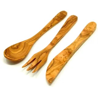 BeldiNest Olivenholz Rustikales Frühstücksutensilien-Set, Buttermesser, Holzgabel, Frühstückslöffel
