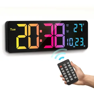 tlily Digitale Wanduhr, 16 Zoll große Digitaluhr mit 11 RGB-Farben, Uhrzeit, Datum, Temperatur, Woche, Timer, 1 automatisches Dimmen, LED-Digitaluhr, lila