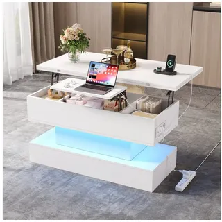 REDOM Couchtisch 100x50x51,5 cm, Weiß, mit Steckdose & USB-C (höhenverstellbar Satztisch, Beistelltisch, 1-St., Höhenverstellbar & anhebbar, LED-Beleuchtung), Multifunktionaler Sofatisch mit Stauraum weiß