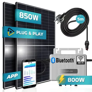 SUNNIVA® 850W Balkonkraftwerk komplett Steckdose - Ecoflow Stream 800W Micro Wechselrichter - PV Solaranlage Komplettset - 2x 425W (850W) Solarmodule - inkl. 5m Kabel - Bluetooth, WIFI