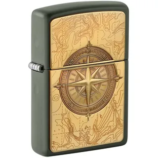 Zippo Sturmfeuerzeug - Topographic Compass, Green Matte, Emblem - Nachfüllbar - Wiederverwendbar - Windfestes Design - Geschenkbox - Made in USA