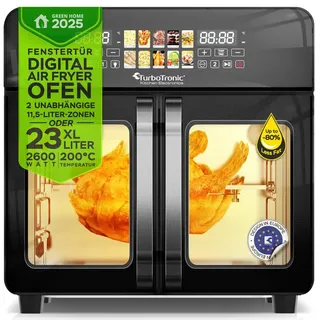 TurboTronic by Z-Line Minibackofen Heißluftofen Heißluftfritteuse 2600W Power 23L, 2x 11,5L 4kg Pommes, TriZone-Funktion Drehspieß Grill Airfryer kleine Tisch Pizzaofen schwarz