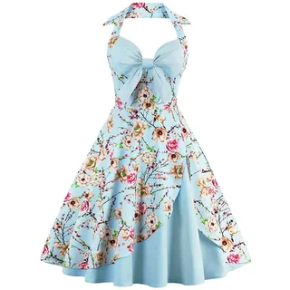 IWEMEK Damen Halter Vintage 1950er Rockabilly Retro Kleider Elegantes 50er Pinup Hepburn-Stil Swing Neckholder Knielang Abendekleider Partykleider Cocktailkleider Faltenrock Blau L - L