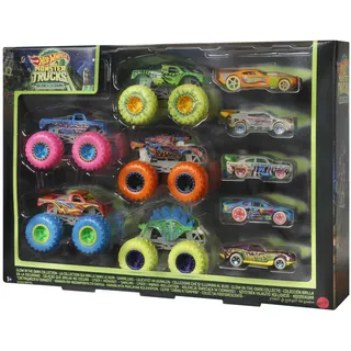 HOT WHEELS Monster Trucks - Multipack mit Leuchteffekt im Dunkeln, 10 Fahrzeuge im Maßstab 1:64, 5 Monster Trucks und 5 Fahrzeuge für Sammler und Kinder, HCB57