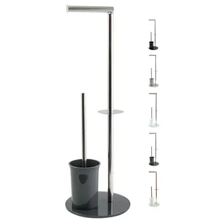 MSV Bergamo Stand Garnitur WC Bürste Rollenhalter Toilettenbürste Klobürste Klopapierhalter aus Edelstahl und Glas Grau 3in1, Grey