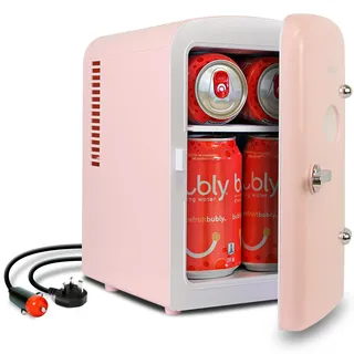 Koolatron Retro Mini Kühlschrank, 4 Liter Mini-Kühlschränke für Kosmetik, Getränke, 220V AC/ 12V DC Kleiner Kühlschrank für Schlafzimmer (Rosa)