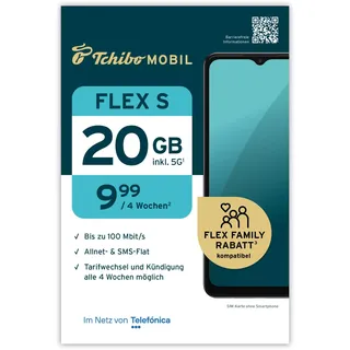 Tchibo MOBIL Flex S SIM-Karte | 20 GB Datenvolumen + Allnet- & SMS-Flat | Surfen mit LTE/5G | Nur 9,99 € alle 4 Wochen | Ohne Lange Vertragsbindung | EU-weites Roaming