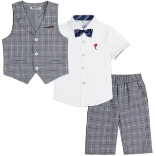 LOLANTA 4-teiliger Kinder Freizeit Anzug Set, Jungen Sommer Festlich Hochzeitsanzug, Kurzarm Hemd, Fliege, Weste, Kurze Hose, Grau kariert, 4-5 Jahre, 120 - 4-5 Jahre