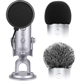 2 Stück Mikrofon Pelzige Windschutz-Mikrofonabdeckung Schaumstoff für Blue Yeti + Mikrofon-Pop-Filter Doppellagiger Mesh-Pop-Filter kompatibel mit Mic Blue Yeti und Yeti Pro Condenser (Combo 3Pack)