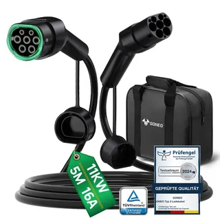 GONEO Typ 2 Ladekabel 11kW 5M 16A Ladekabel Elektroauto Typ 2 3 Phasig für E Auto EV/PHEV Typ 2 auf Typ 2 Mode 3 Ladekabel mit Tasche Geeignet für Model S/3/X/Y e-Golf ID.3 i3/i8
