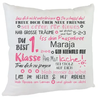 personalisiertes Kissen Geschenk zur Einschulung mit Namen des Erstklässlers Einschulungsgeschenk Mädchen (Mädchen mit Namen lachs/grau)