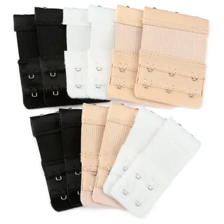 H&S BH Verlängerung mit 2 & 3 BH Haken, 12 Stück – Elastische Nylon-Erweiterung mit Edelstahlhaken in Schwarz, Weiß, Beige Mix - Bra Extender - Einheitsgröße