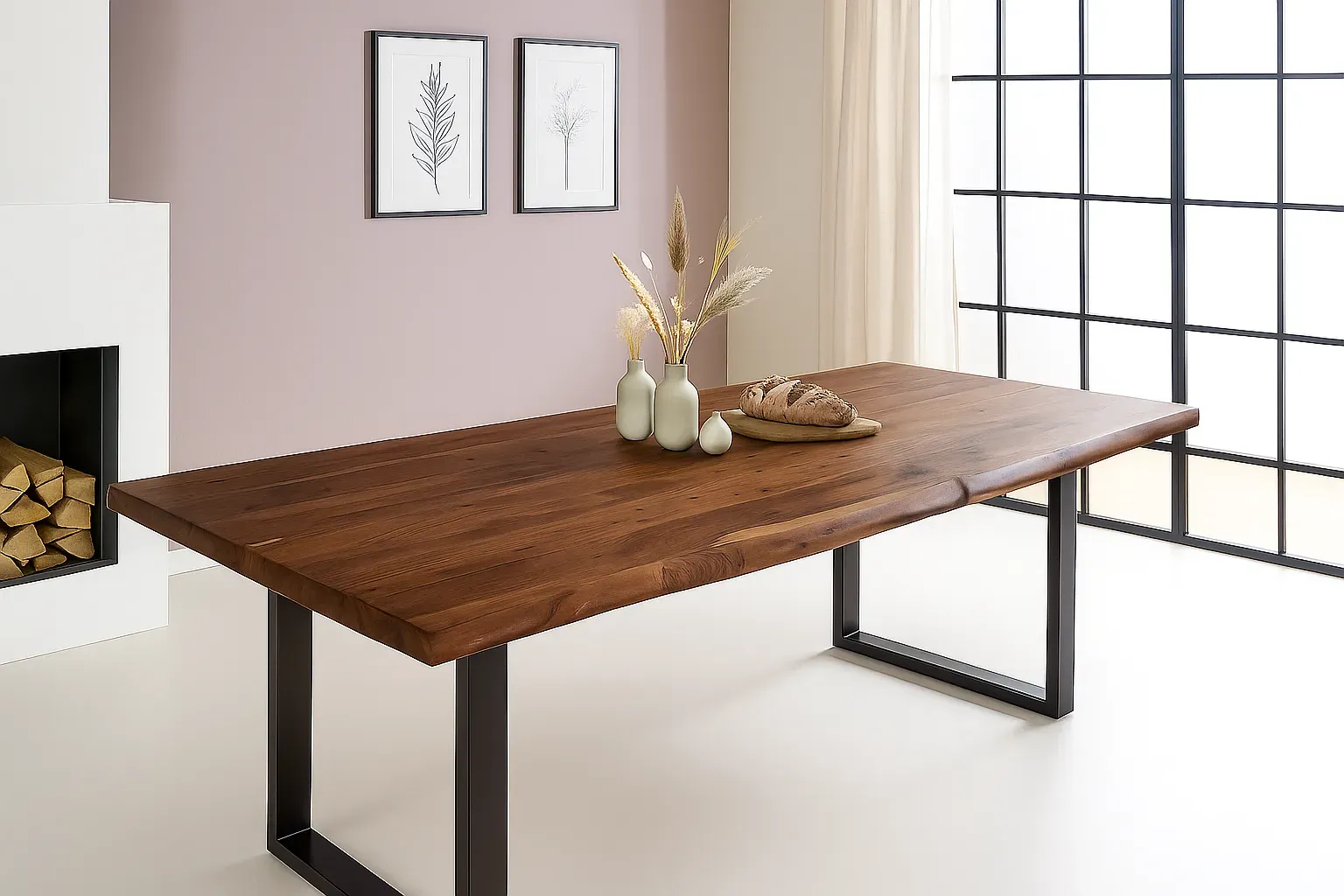 Esstisch Baumkante 300 x 110 cm Akazie Nussbaum U-Gestell schwarz VALIN