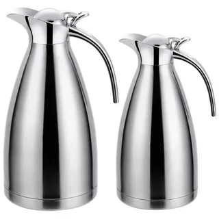 Cheffinger 2er Set Thermoskanne 1L + 1,5L Isolierkanne Teekanne Thermosflasche Kaffeekanne Silber