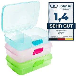 2friends Brotdose Kinder mit Fächern, Brotdosen 3 Stück, Lunchbox Kinder ohne BPA, Frühstücksbox Brotzeitbox, Lunchboxen mit 3 Trennfächern + Clickverschluss, 100% Recyclebar, Grün, Blau, Rosa, Model:Ane