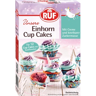 RUF Einhorn Cupcakes, Backmischung für 12 bunte Unicorn Cupcake mit bunter Tortencreme, weißer Fondant für ein Zuckerhorn, inkl. Backförmchen, 365g