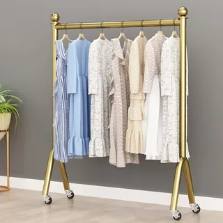 DETMOL Moderne,einfache,robuste Roll-Kleiderständer aus Metall mit Rädern,bodenstehende Kleiderbügel mit Einer Stange,Boutique-Kleiderständer,Gold