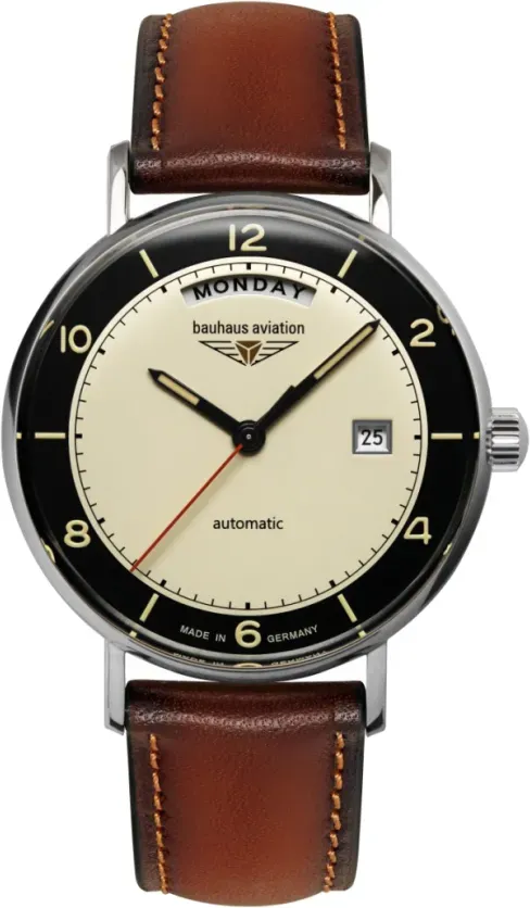 Bauhaus Herrenuhr Aviation Automatik 24622 - Beiges Ziffernblatt mit beigen,Leuchtzeigern,nachts leuchtenden Zahlen/Indices,cognac,orangee Naht - 41mm