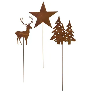 creativ home Metall STECKER. Hirsch, Baum, Stern. 3 Stück Set. Rost Dekostecker. Ca 40-50 cm. Art.: 6019823-37 (3 Stück)