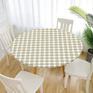 Morbuy Rund Tischdecke Elastisch, Lotuseffekt Abwischbar Rund Tischdecken Plaid Drucken Tischtuch für Küchen Garten Outdoor (Durchmesser 120cm,Beige)