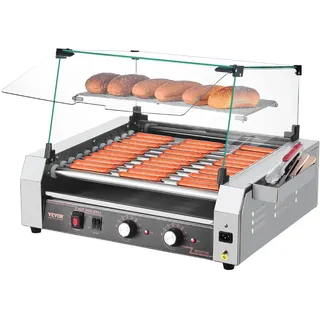 Vevor Hot Dog Maschine 11 Rollen Edelstahl, 2200 W, Elektrogrill mit Abdeckung & 2 Temperaturregler & seitlicher Aufbewahrungsbox & herausnehmbarem Regal & Ölauffangschale