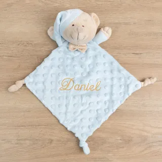 Wanapix | Personalisierter Doudou mit Namen für Babys | Farbe Blau | Doudou mit gesticktem Namen | Kuscheldecke mit Plüschbär | Weicher samtiger Griff und erhabene Punkte