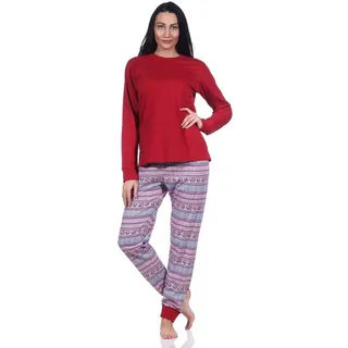 normann Damen Schlafanzug mit Bündchen Pyjama im wunderschönen Ethnolook, Farbe:rot, Größe:36-38 - 36-38