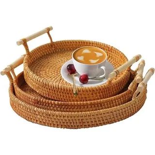 Rundes Dienblatt-Set aus 3 - handgewebte Rattan-Matten - Rot