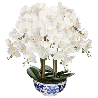 63cm Kunstpflanze Orchideen Groß Künstliche Orchideen im Weiß und Blau Keramik Topf Künstliche Deko Blumen Kunstblumen Wie Echt Mit Real-Touch Blüten Tischdeko Fensterbank Deko Hochzeit Deko