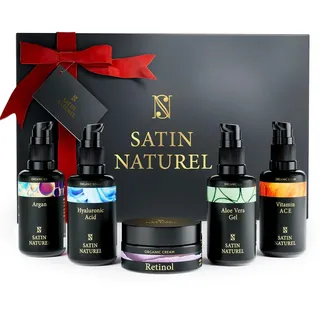 Satin Naturel Geschenk für Sie mit Aloe Vera Gel - Bio Arganöl - Vitamin C Serum - Hyaluron Serum - Retinol Creme - Komplette Skincare Routine - Luxus-Geschenkbox - Naturkosmetik Vegan