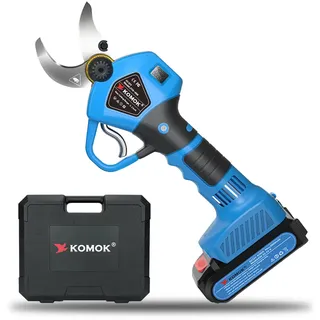 KOMOK Elektrische Gartenschere mit LED-Display, 21V Elektrische Astschere mit 2 Stücks 2Ah Lithium Akkus, 30mm Schnittdurchmesser für 6-8 Arbeitsstunden, Rosenschere Strauchschere Astschere (blau)